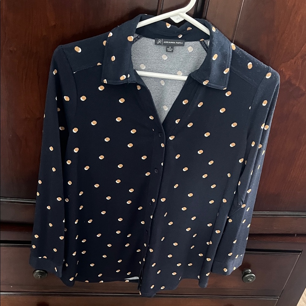 Adrianna Papell Navy and Beige Polka Dot Button Down Shirt